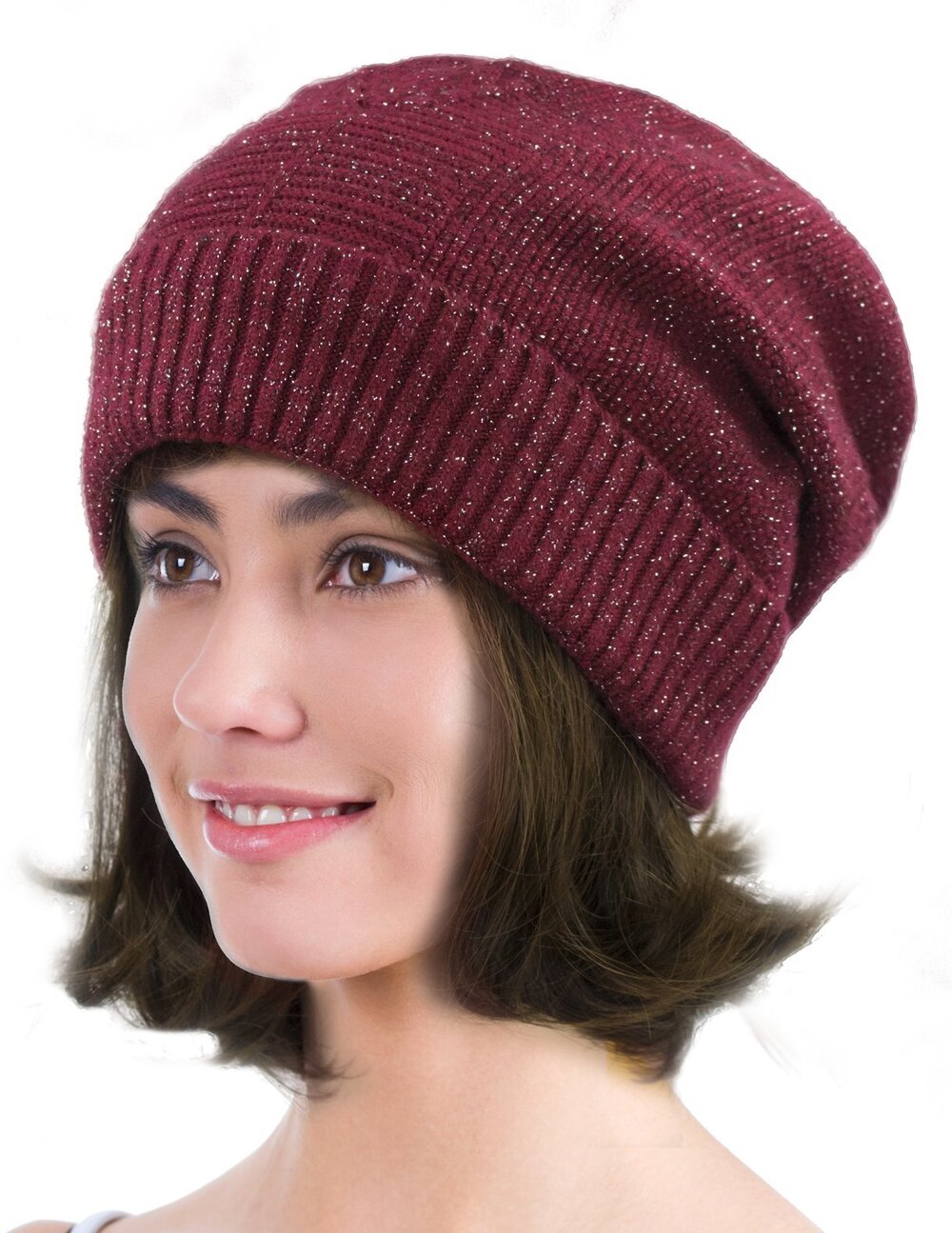 2978 Winter Hat - Slouch Beanie w/Silver Threads, Fleece Lined, Brgdy